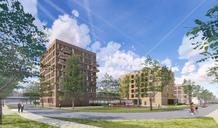 Afbeelding van moderne appartementencomplexen omgeven door bomen en een blauwe lucht met wolken. Mensen wandelen op de stoep.