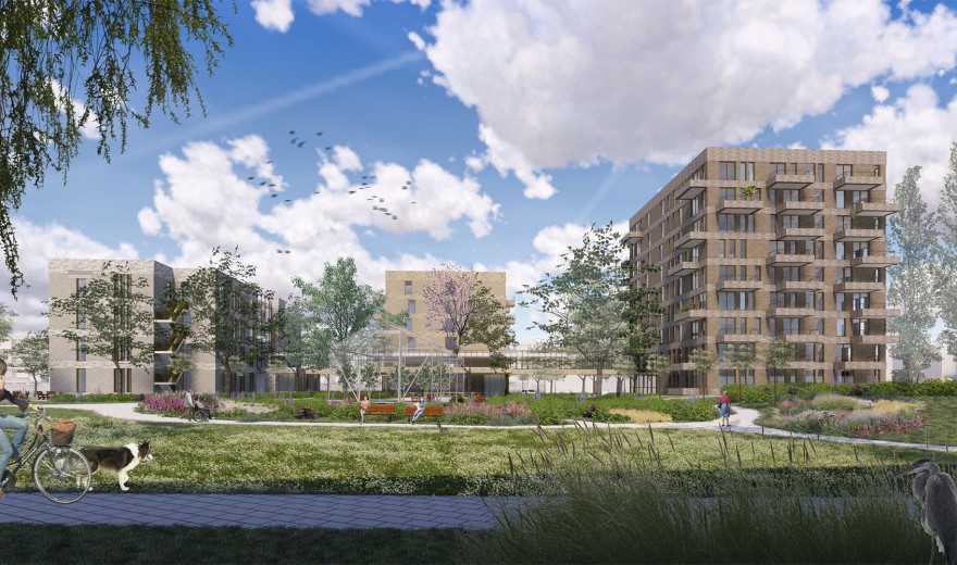 Afbeelding van een modern appartementencomplex met groene omgeving, bomen en een blauwe lucht met wolken op de achtergrond.