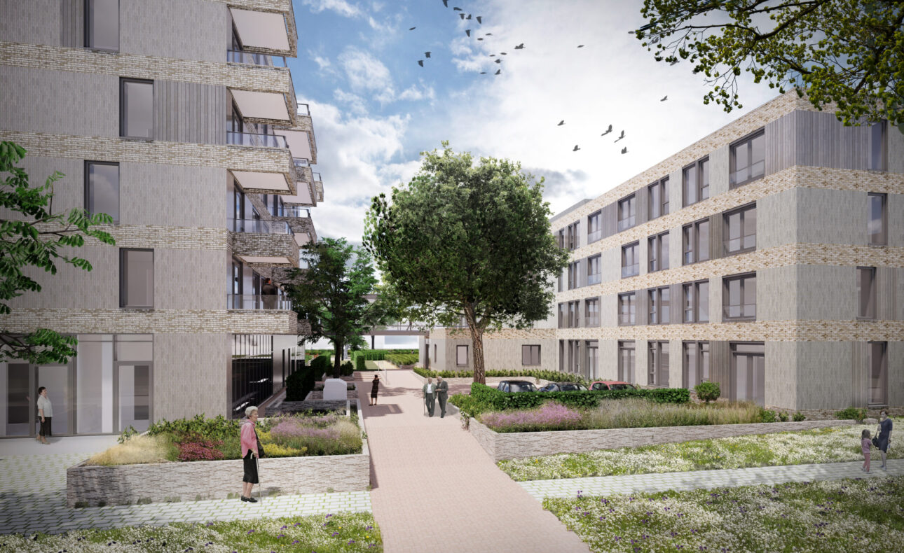 Afbeelding van een modern appartementencomplex met groene tuinen en wandelpaden, omringd door bomen en blauwe lucht.