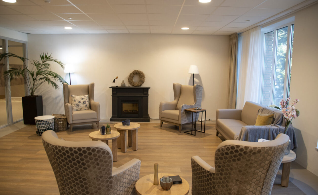 Een gezellige woonkamer met vier comfortabele stoelen, een bank, een open haard en een grote plant bij het raam.