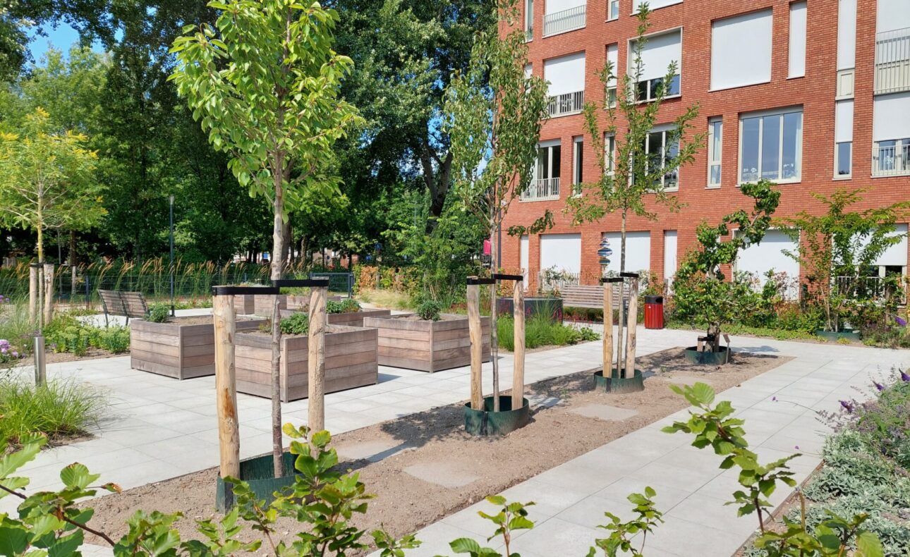 Een groene beleeftuin met jonge bomen en verhoogde plantenbakken naast een modern gebouw met rode bakstenen.