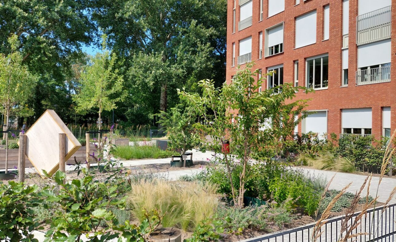 Een groene beleeftuin met diverse planten en bomen naast een rood bakstenen gebouw, onder een heldere blauwe lucht.