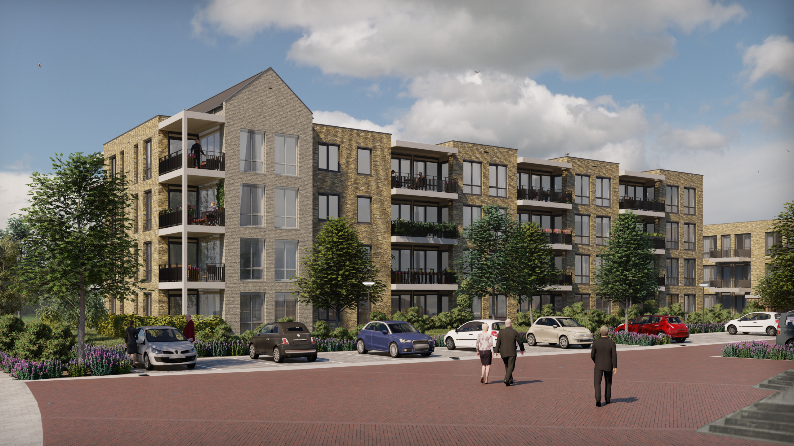 Appartementencomplex met vier verdiepingen, omgeven door bomen en geparkeerde auto's. Mensen lopen op de voorgrond.