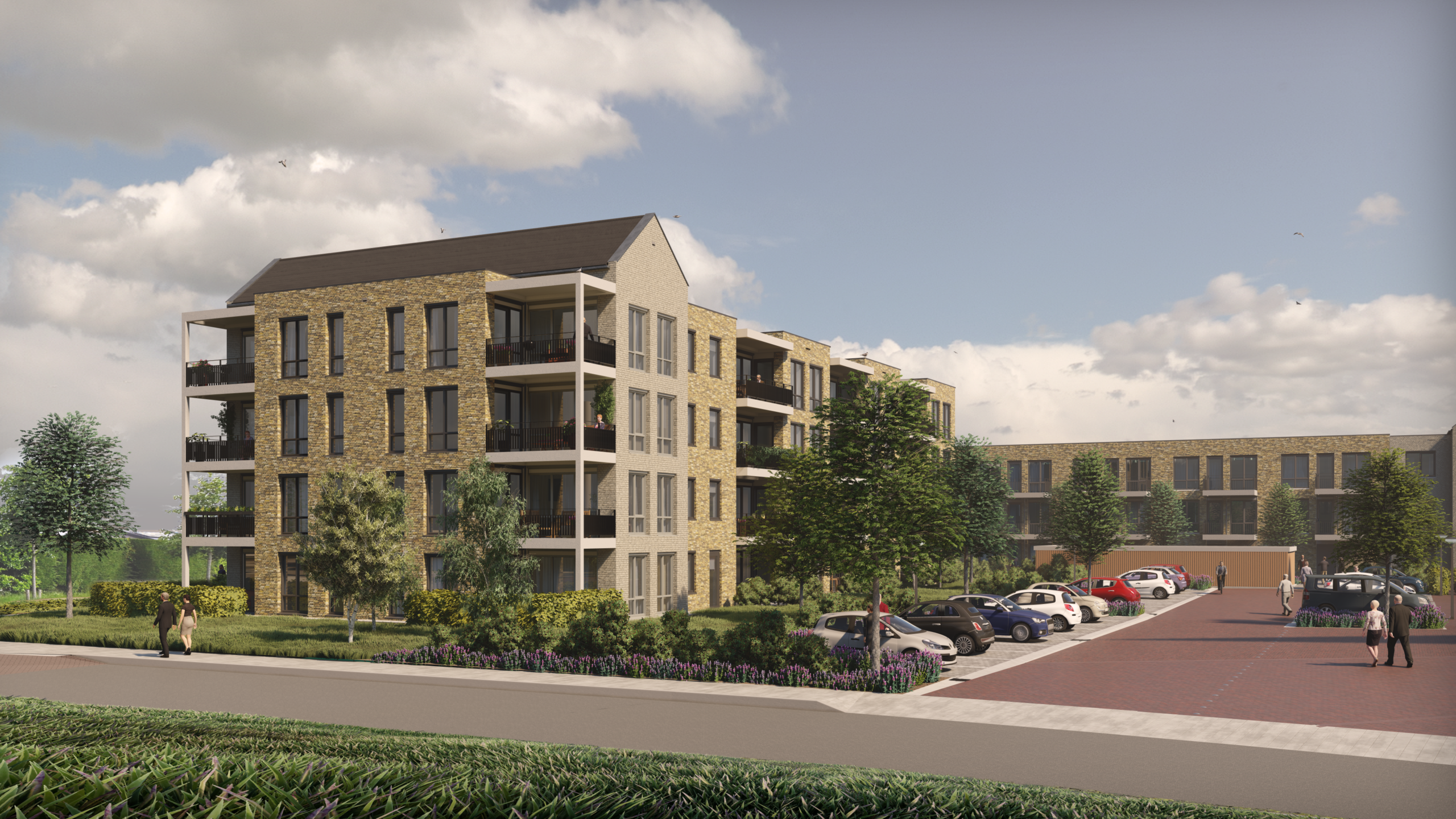 Afbeelding van een modern appartementencomplex met meerdere verdiepingen, omgeven door groen en een parkeerplaats op de voorgrond.