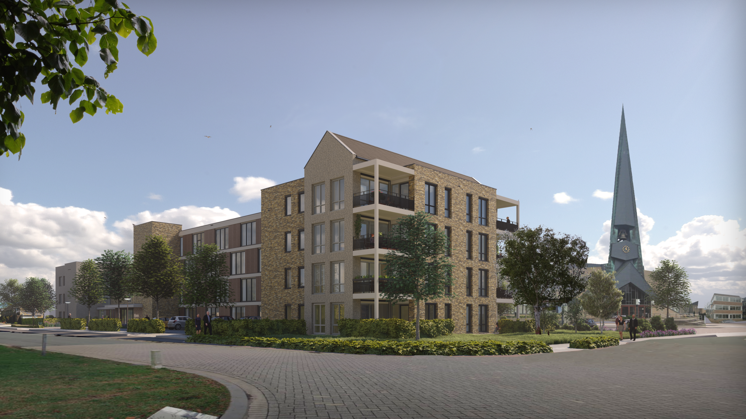 Afbeelding van een modern appartementencomplex met bakstenen gevels, omgeven door bomen, naast een kerk met een hoge torenspits.