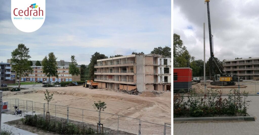 Bouwplaats met een halfafgebouwd appartementencomplex en een hijskraan. Links is het logo van Cedrah zichtbaar.