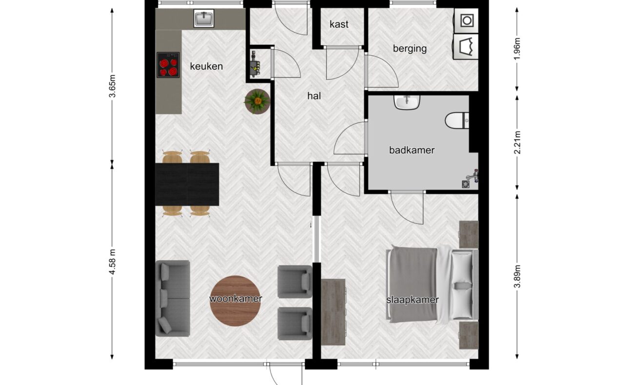 Plattegrond van een appartement met een keuken, woonkamer, slaapkamer, badkamer, berging en hal. Afmetingen zijn aangegeven.