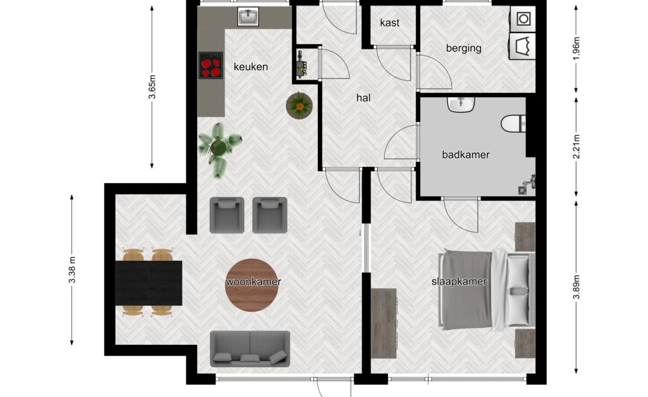 Plattegrond van een appartement met woonkamer, keuken, slaapkamer, badkamer, hal, kast en berging. Afmetingen zijn aangegeven.