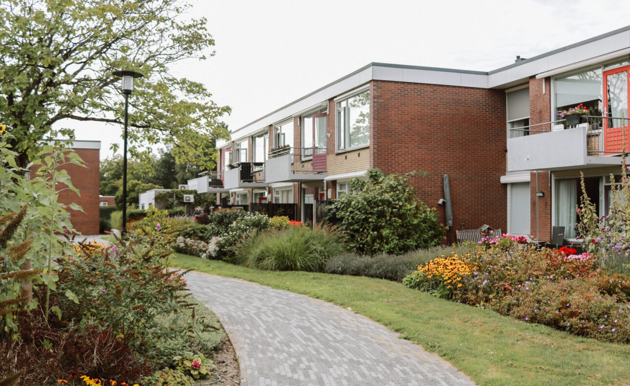Foto van de aanleunwoningen van Wilde Veenen met daarvoor de binnentuin die prachtig in bloei staat. Er is een kronkelend wandelpad te zien, met aan weerszijden groen en bloemen. Achter de bloemenperken zijn is een blokje aanleunwoningen te zien.