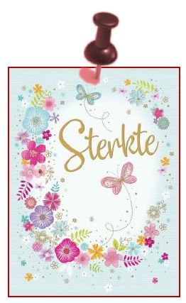 Kaart met de tekst "Sterkte" omringd door kleurrijke bloemen en vlinders, vastgeprikt met een rode punaise.