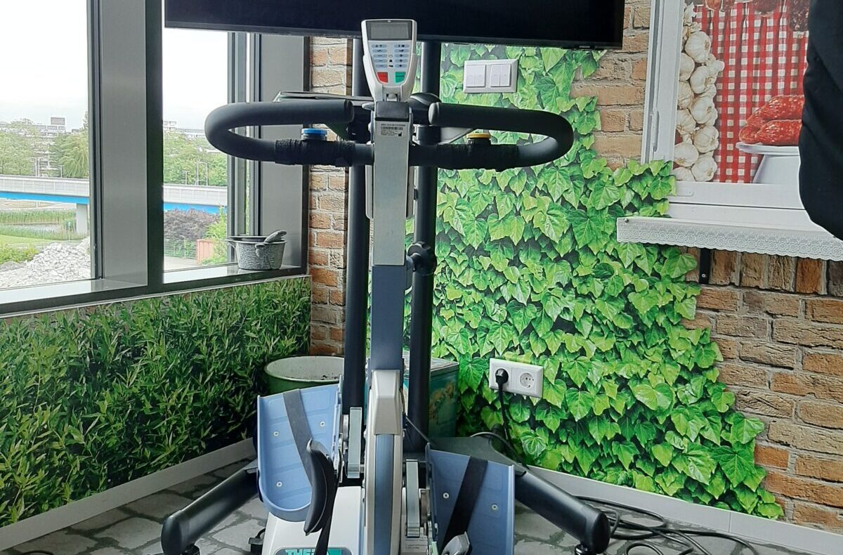 Een hometrainer met een groot scherm in een kamer met groene planten en bakstenen muur. Het apparaat heeft pedalen en handgrepen.
