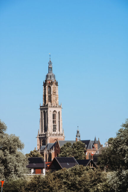 Afbeelding van een historische kerktoren met een blauwe lucht op de achtergrond, omringd door groene bomen en gebouwen.