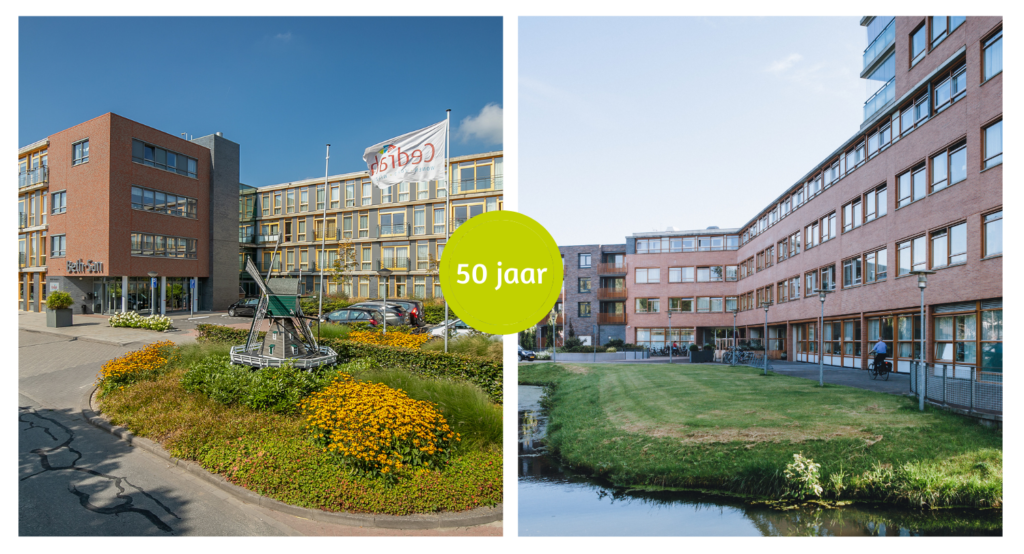 Twee foto's van een modern gebouw met een groene tuin en een vlag met het logo van Cedrah. In het midden staat "50 jaar".