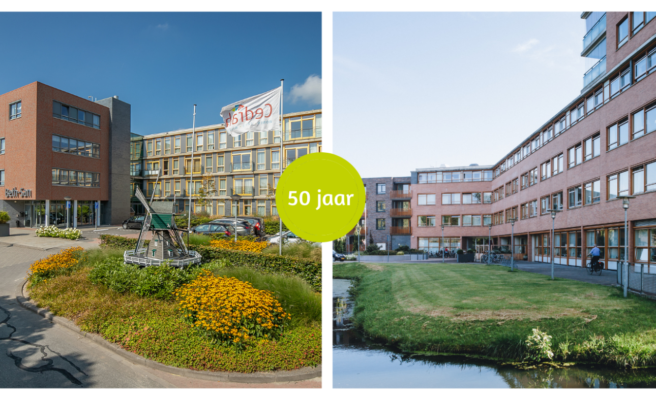Twee foto's van een modern gebouw met een groene tuin en een vlag met het logo van Cedrah. In het midden staat "50 jaar".