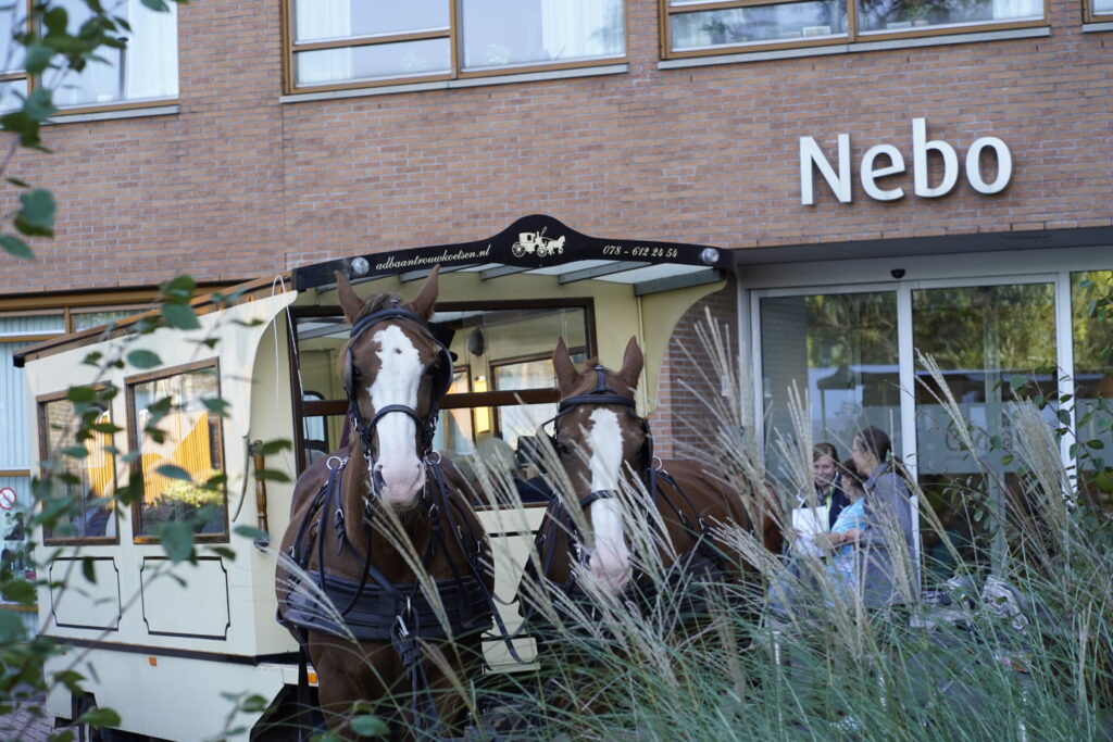 Twee bruine paarden staan voor een koets bij een gebouw met de naam "Nebo". Twee mensen zijn zichtbaar naast de koets.