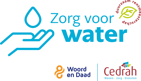 Logo van "Zorg voor Water" met een hand en waterdruppel, omringd door de logo's van Woord en Daad en Cedrah.