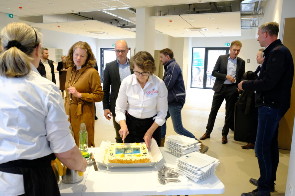 Groep mensen geniet van koffie en gebak in een moderne ruimte. Een vrouw snijdt een taart terwijl anderen praten en drinken.