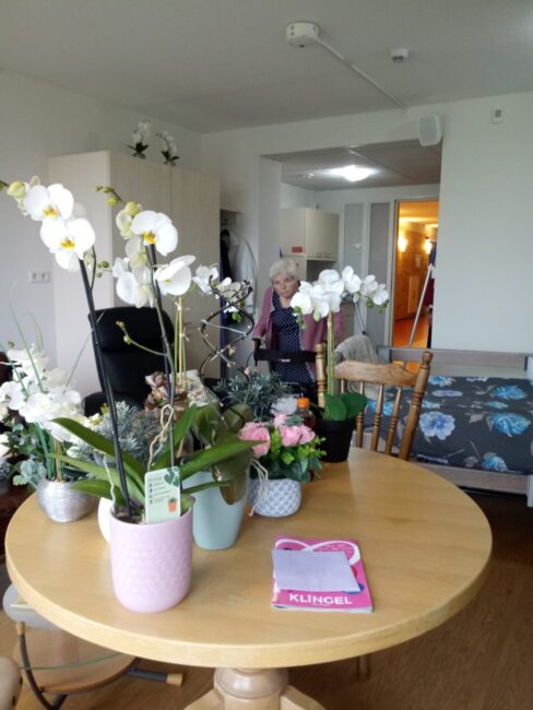 Een ronde tafel met verschillende bloempotten met orchideeën en andere planten in een lichte kamer met een persoon op de achtergrond.