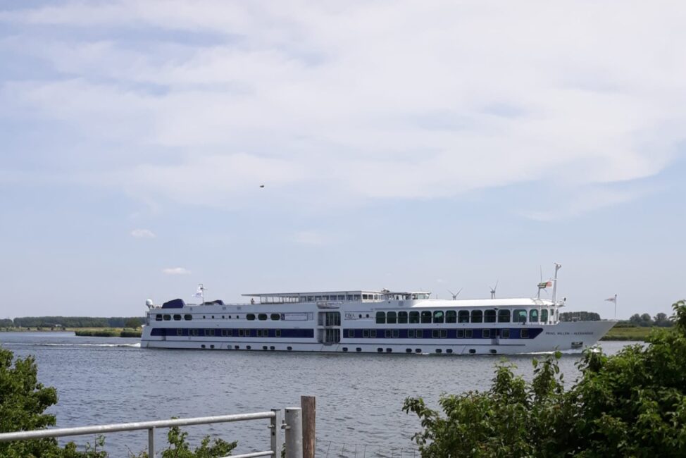 Een groot wit passagiersschip vaart over een rivier onder een blauwe lucht met enkele wolken, omgeven door groene struiken.