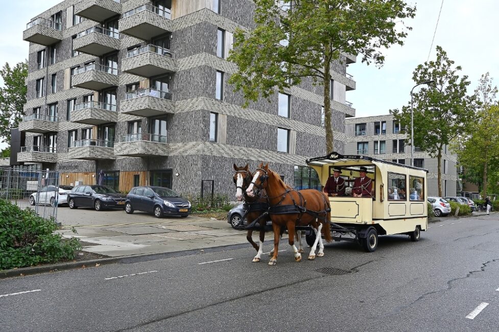 Paard en wagen rijden langs een modern appartementencomplex op een regenachtige dag, met auto's geparkeerd langs de straat.