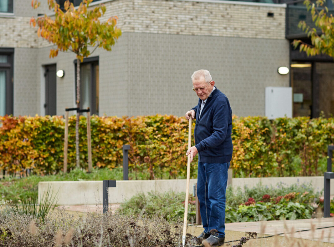 Een oudere man werkt met een hark in een tuin voor een modern gebouw, omringd door herfstkleuren en struiken.