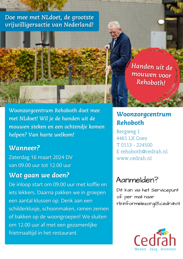 Afbeelding van een flyer voor een vrijwilligersdag bij Woonzorgcentrum Rehoboth, met details over datum, tijd en locatie.