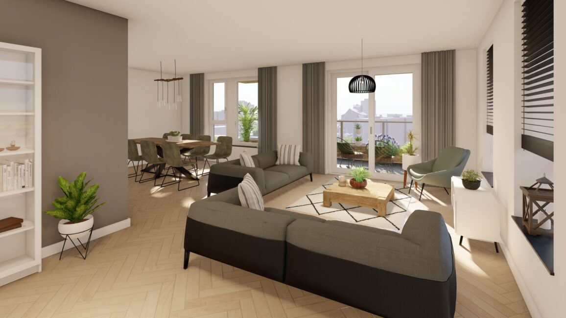 Moderne woonkamer met grijze banken, een houten salontafel, en een eettafel met stoelen. Grote ramen laten veel licht binnen.