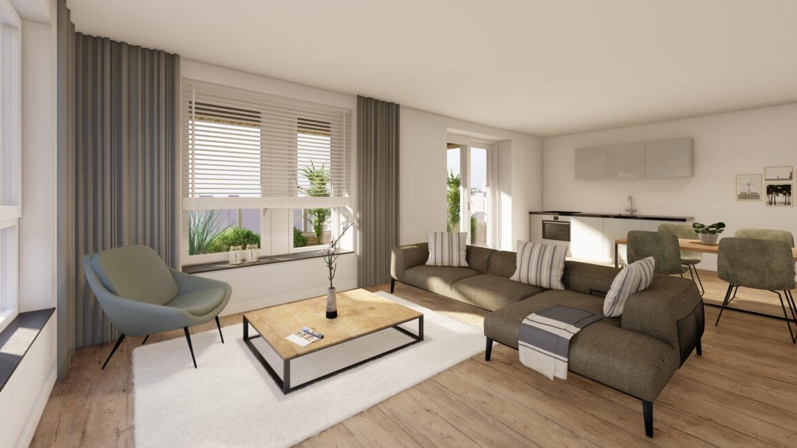 Woonkamer met moderne inrichting, inclusief een grijze bank, houten salontafel, groene stoel en eettafel met stoelen.