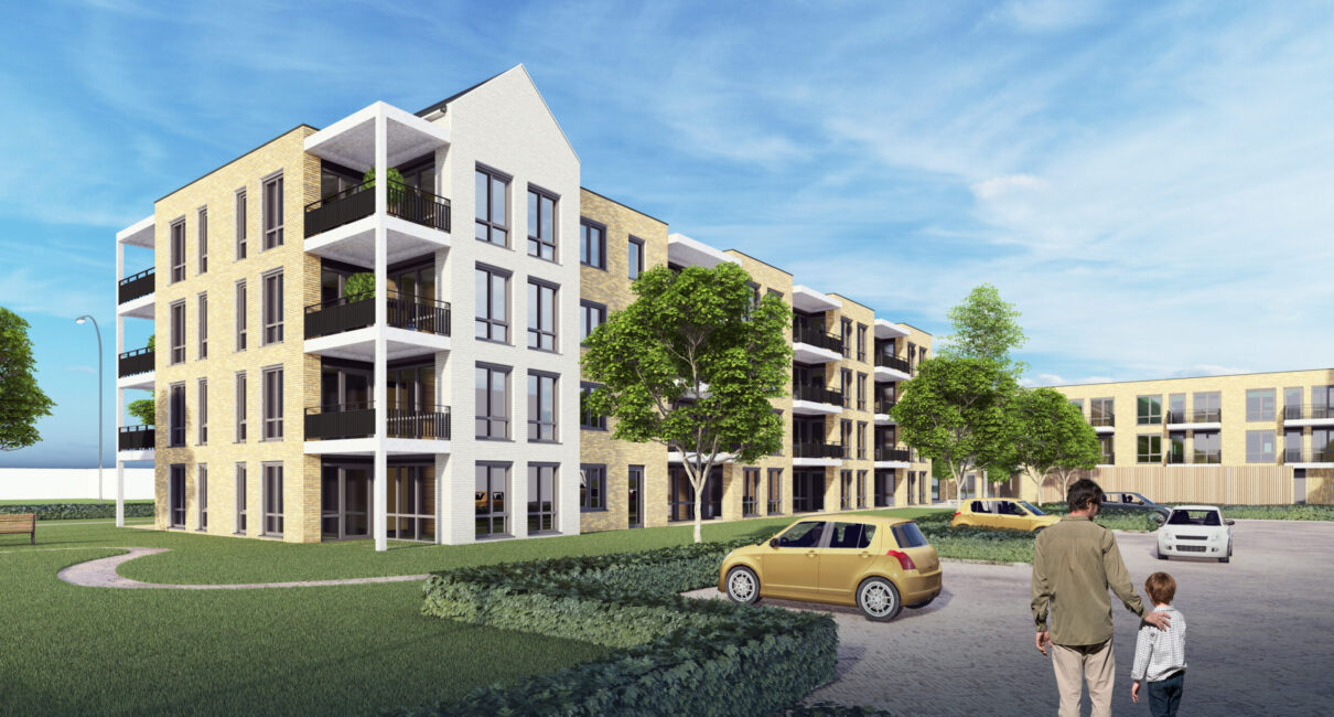 Afbeelding van een modern appartementencomplex met vier verdiepingen, omgeven door groen. Een man en kind lopen op de voorgrond.