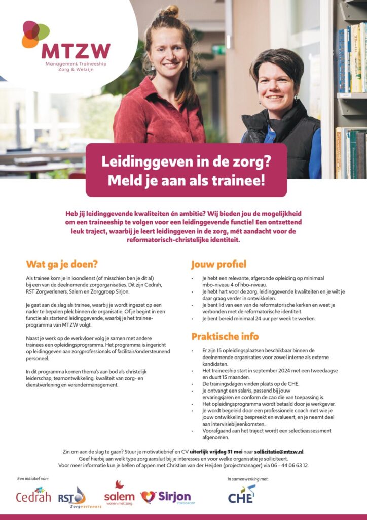 Afbeelding van een wervingsposter voor een zorgtraineeship bij MTZW, met twee lachende mensen en informatie over de vacature.