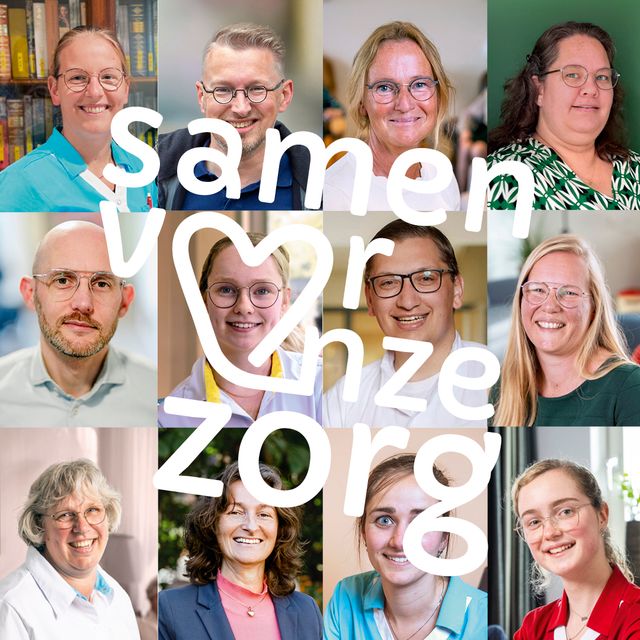 Een collage van twaalf lachende mensen met de tekst "samen voor onze zorg" in het midden, in witte letters.