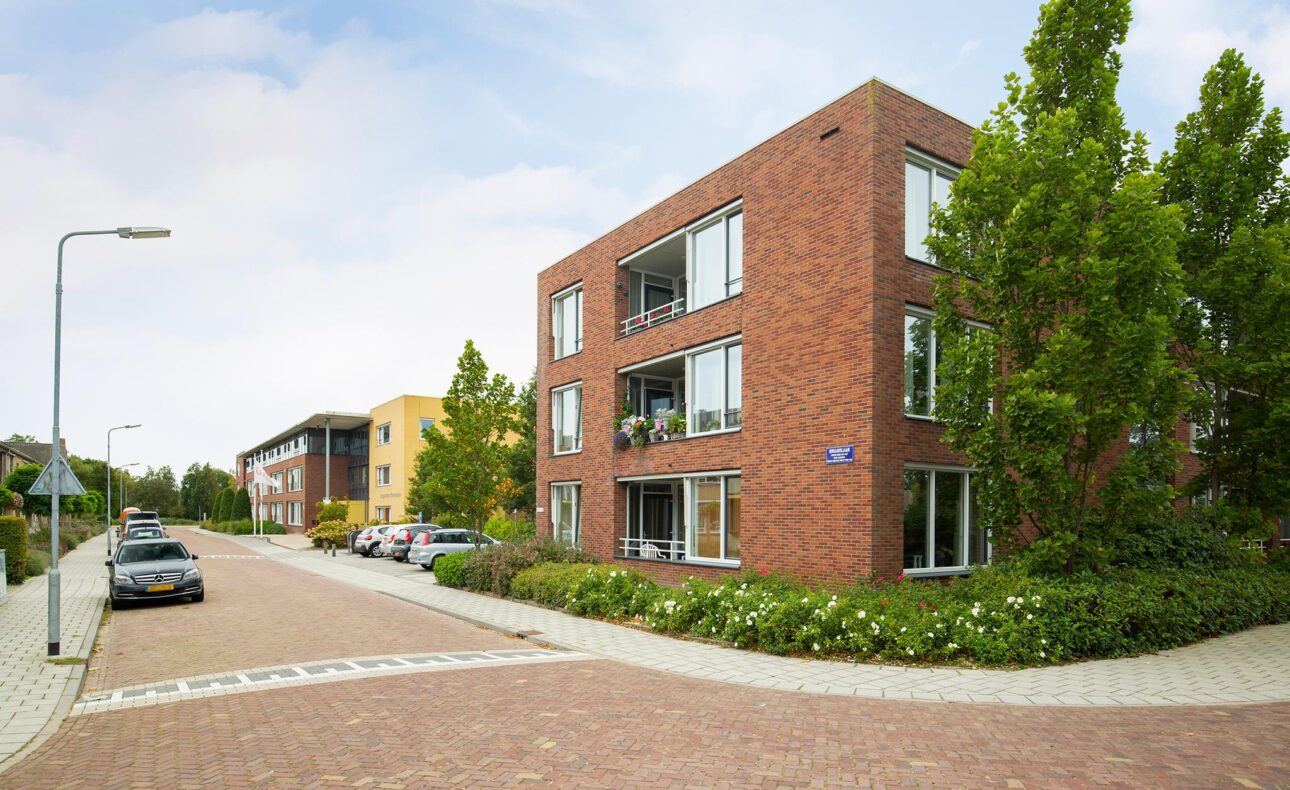 Straatbeeld met moderne bakstenen appartementencomplexen, omgeven door bomen en geparkeerde auto's langs de weg.