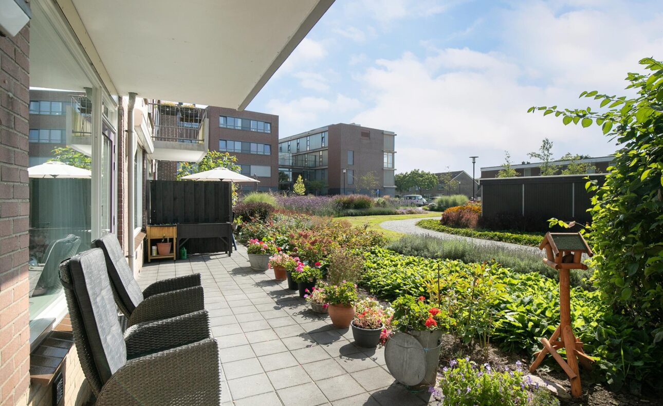 Tuin met betegeld terras, comfortabele stoelen en bloempotten. Op de achtergrond moderne gebouwen en een blauwe lucht.