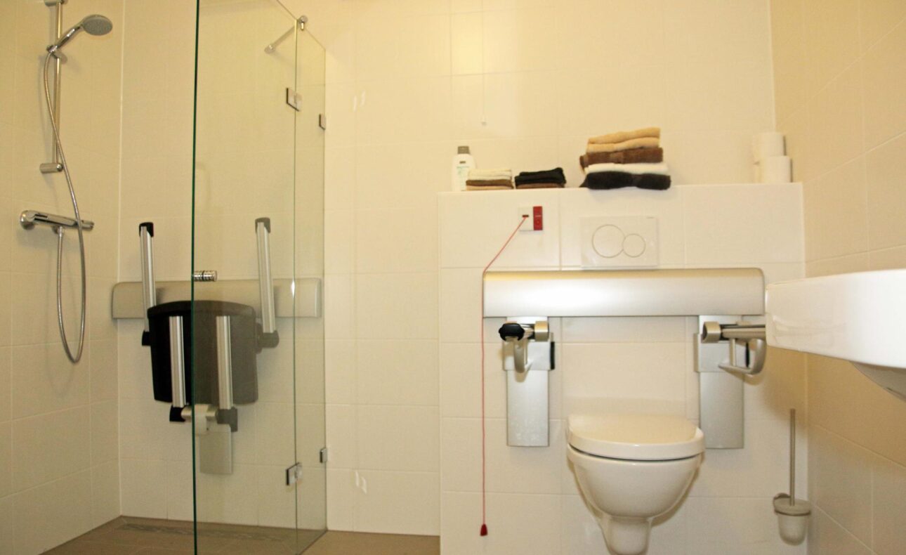 Moderne badkamer met inloopdouche, opklapbare douchestoel, toilet met steunbeugels en opgevouwen handdoeken op de plank.