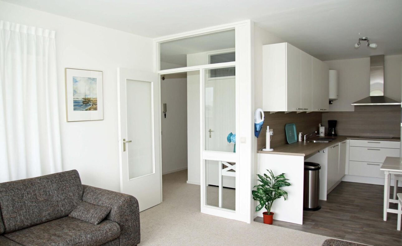 Een moderne woonkamer met een grijze bank, witte muren, een plant, en een open keuken met witte kasten en een fornuis.