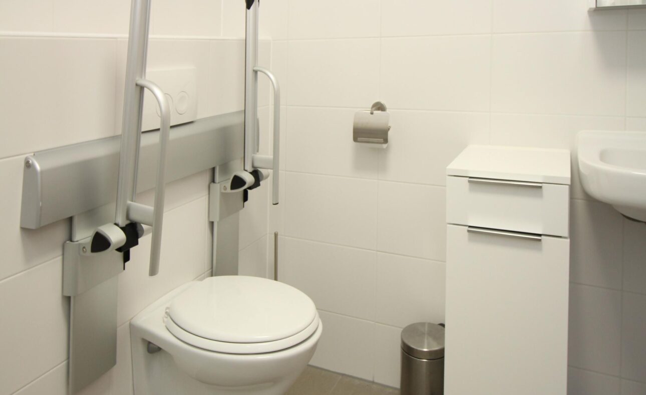 Afbeelding van een aangepaste badkamer met een verhoogd toilet, opklapbare armsteunen en een wastafel, ontworpen voor toegankelijkheid.