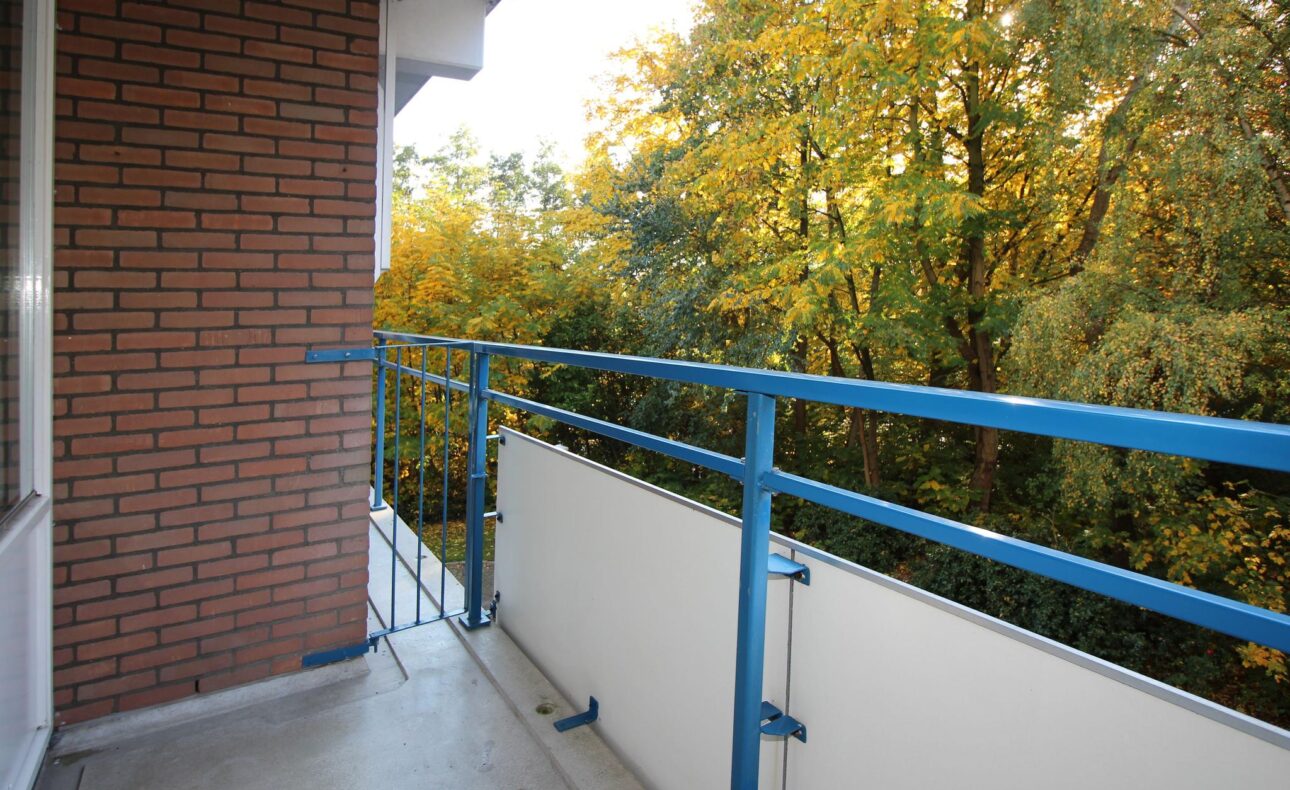 Balkon met blauwe reling en bakstenen muur, uitkijkend op een groene omgeving met bomen in herfstkleuren.