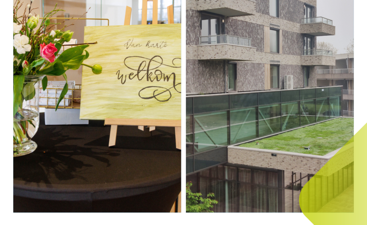 Afbeelding van een jubileumviering bij Amandelhof, met een welkomstbord en een modern gebouw op de achtergrond.