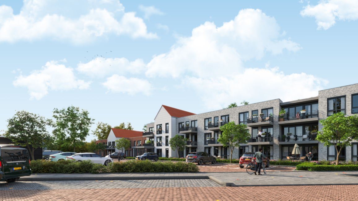Moderne appartementencomplexen met rode daken en balkons, omgeven door bomen en geparkeerde auto's onder een blauwe hemel.