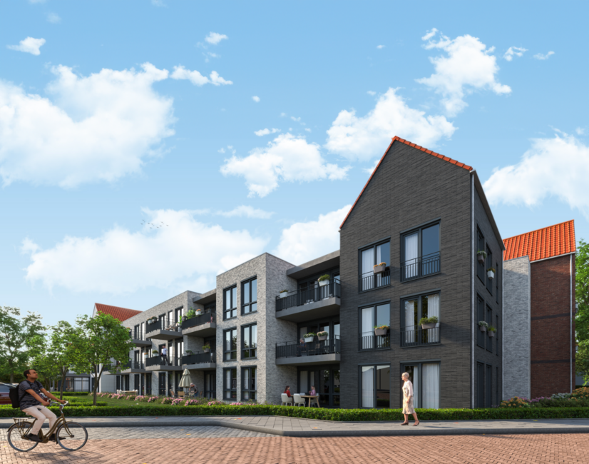 Moderne appartementencomplex met bakstenen gevels en balkons, omgeven door groen. Een fietser en wandelaar op de voorgrond.
