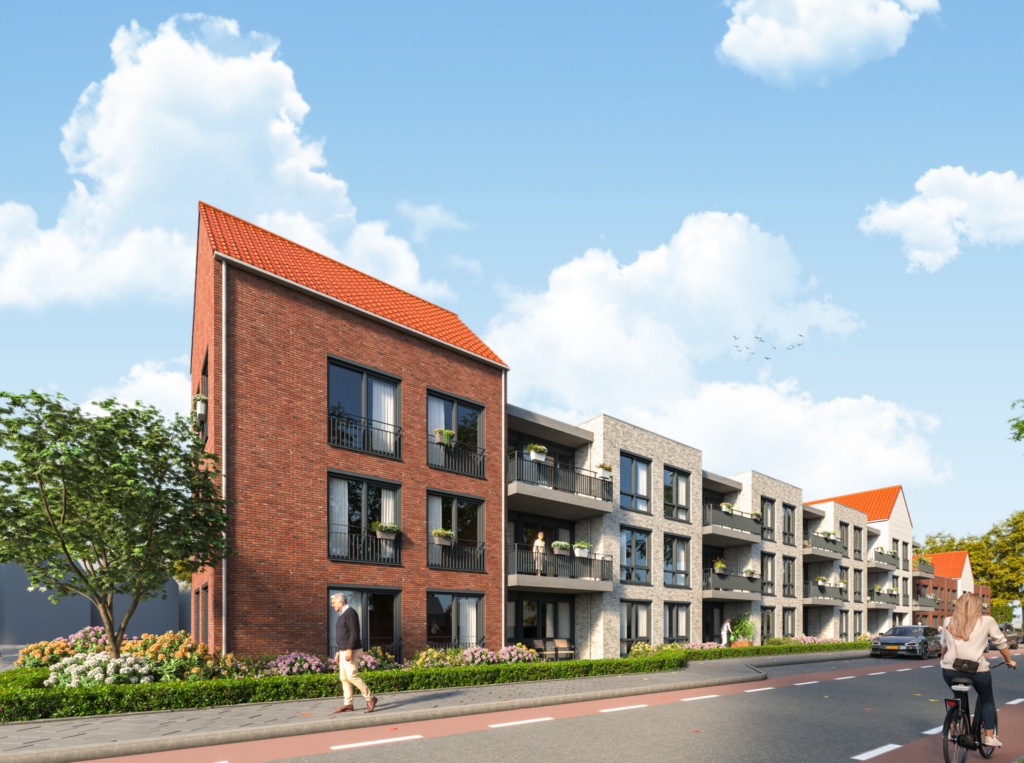 Rendement van een modern appartementencomplex met rode daken en bakstenen gevels, omgeven door bomen en een blauwe lucht.