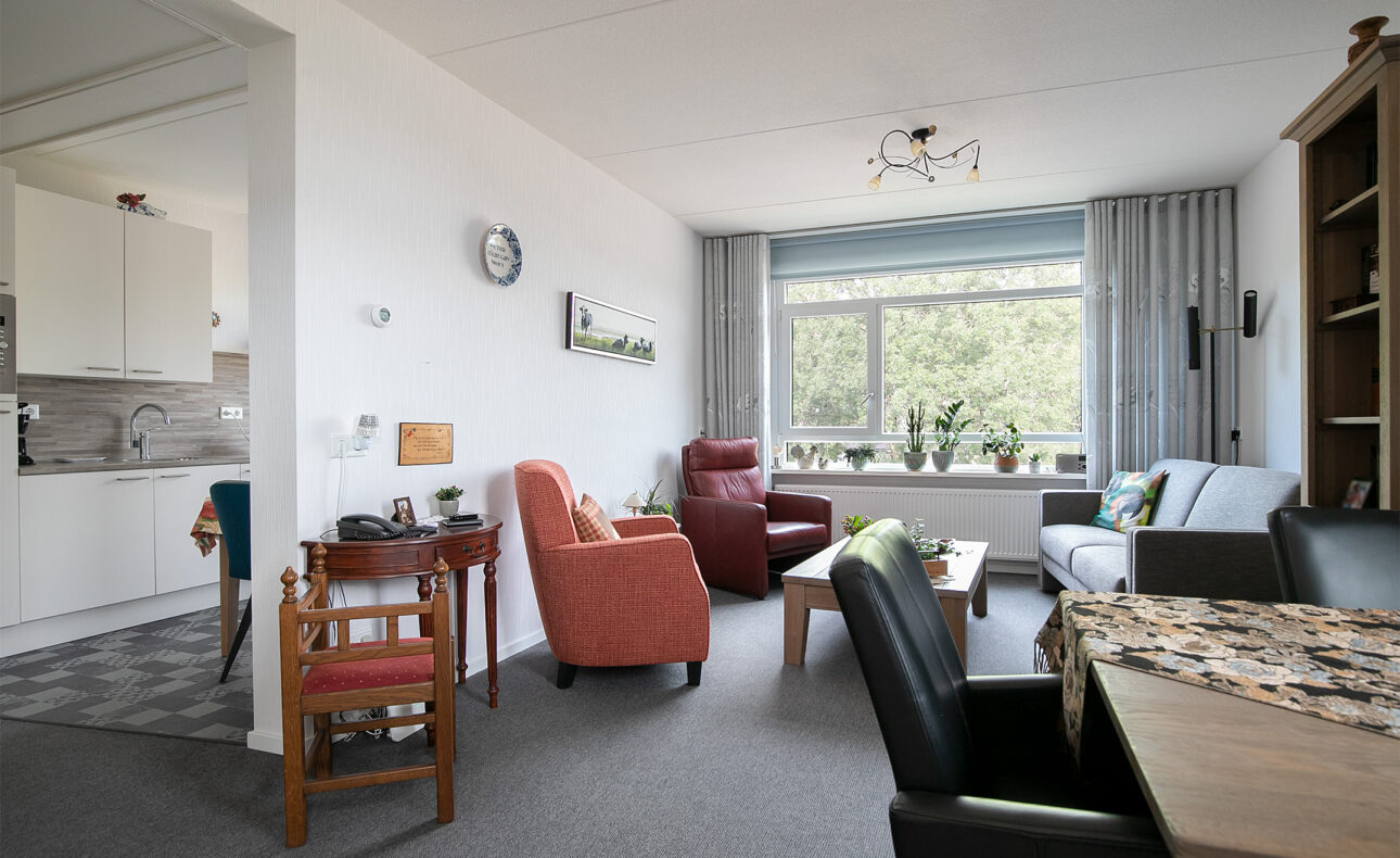 Woonkamer met comfortabele stoelen, een bank, en een tafel. Grote ramen laten veel licht binnen. Planten op de vensterbank.
