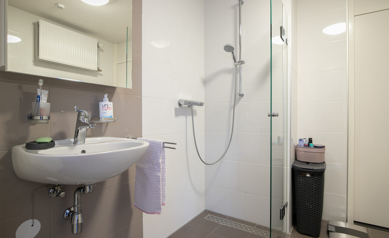 Moderne badkamer met een wastafel, spiegel, en inloopdouche. Er is een handdoek aan de wastafel en een prullenbak naast de douche.