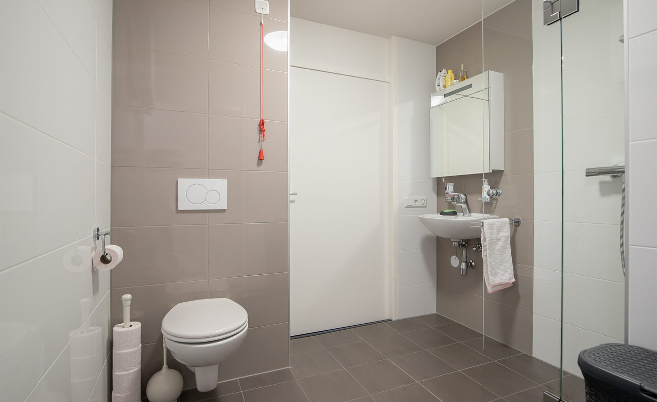 Moderne badkamer met hangend toilet, wastafel met spiegelkast, en glazen douchewand. Neutrale kleuren en strakke lijnen.