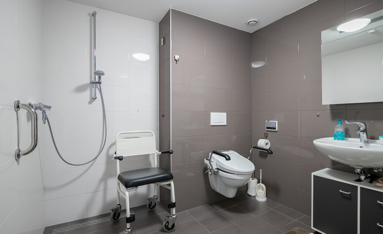 Afbeelding van een aangepaste badkamer met een douche, een toilet met beugels, een wastafel en een douchestoel op wielen.