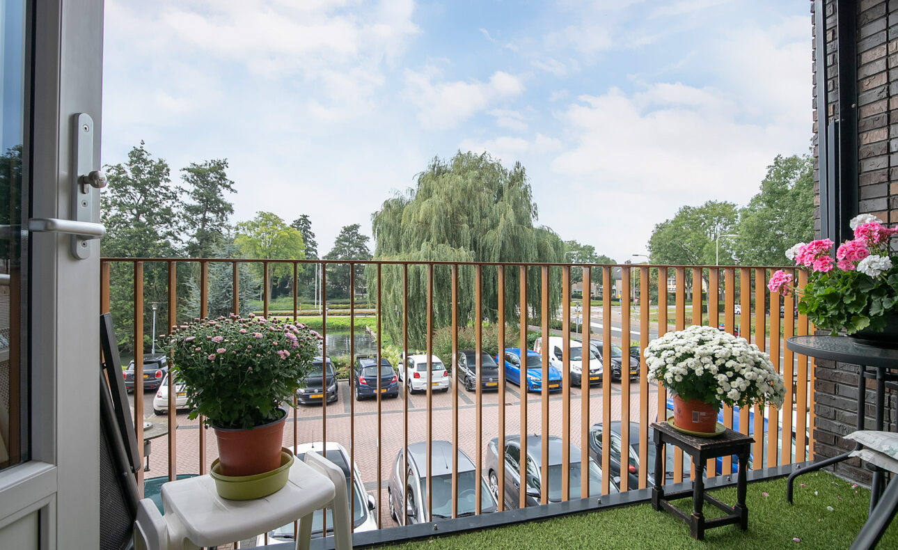 Uitzicht vanaf een balkon met bloempotten en kunstgras, uitkijkend over een parkeerplaats en groene bomen onder een blauwe lucht.