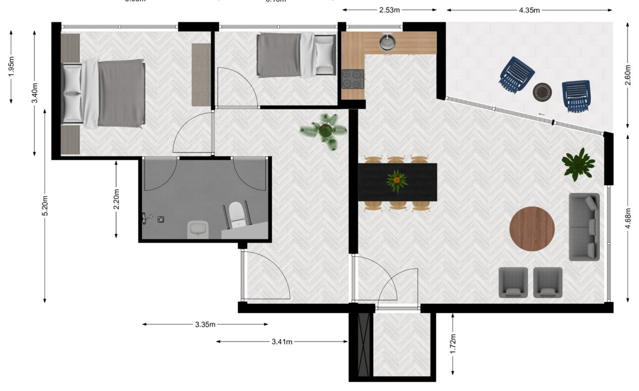Plattegrond van een appartement met twee slaapkamers, een badkamer, een keuken en een woonkamer met meubels en planten.
