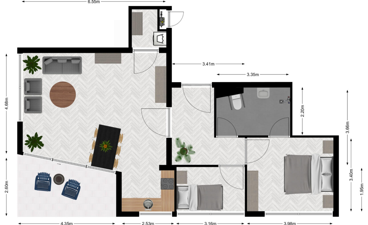 Plattegrond van een appartement met twee slaapkamers, een badkamer, keuken, woonkamer en balkon. Afmetingen zijn aangegeven.