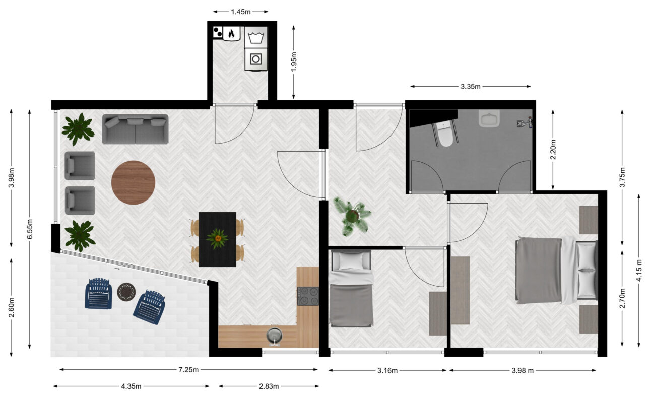 Plattegrond van een appartement met woonkamer, keuken, twee slaapkamers, badkamer en meubels. Afmetingen zijn aangegeven.