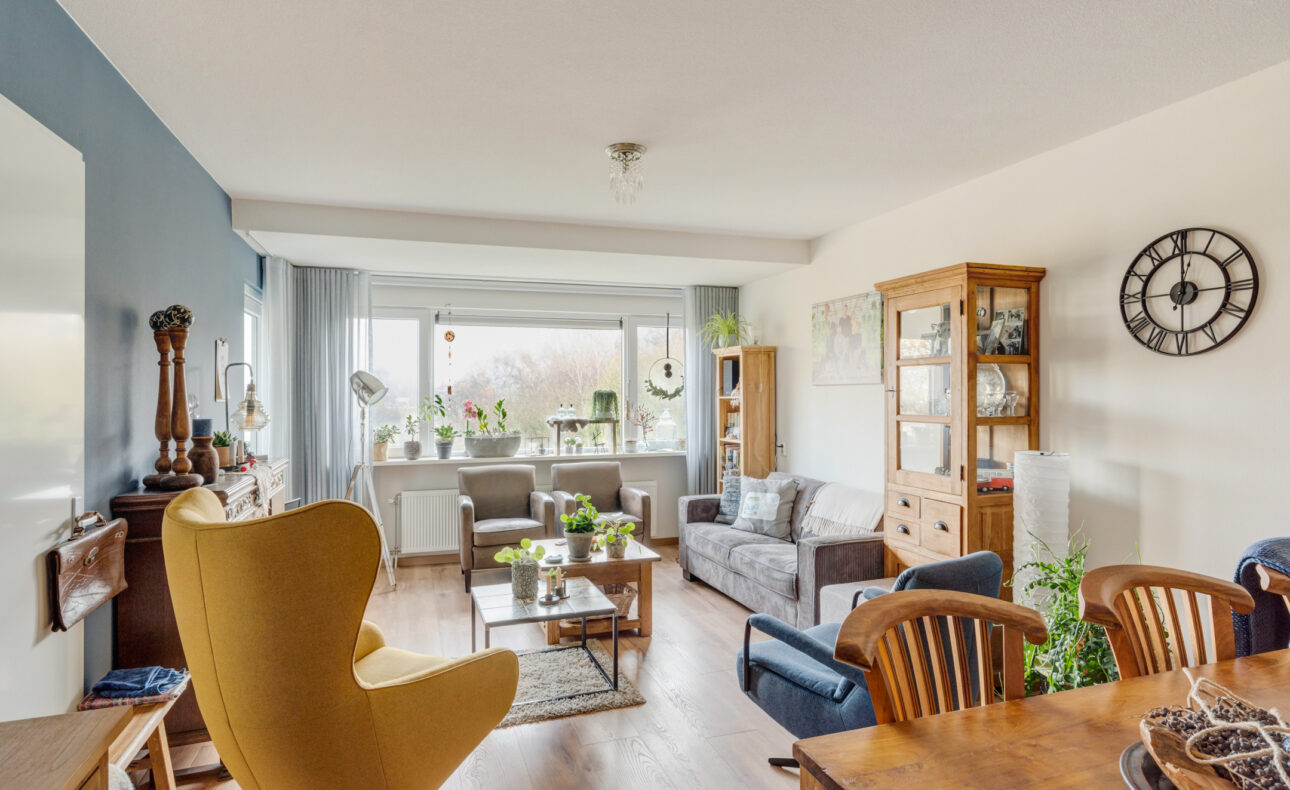 Woonkamer met houten meubels, een gele fauteuil, grijze bank, planten en een grote klok aan de muur bij een raam.